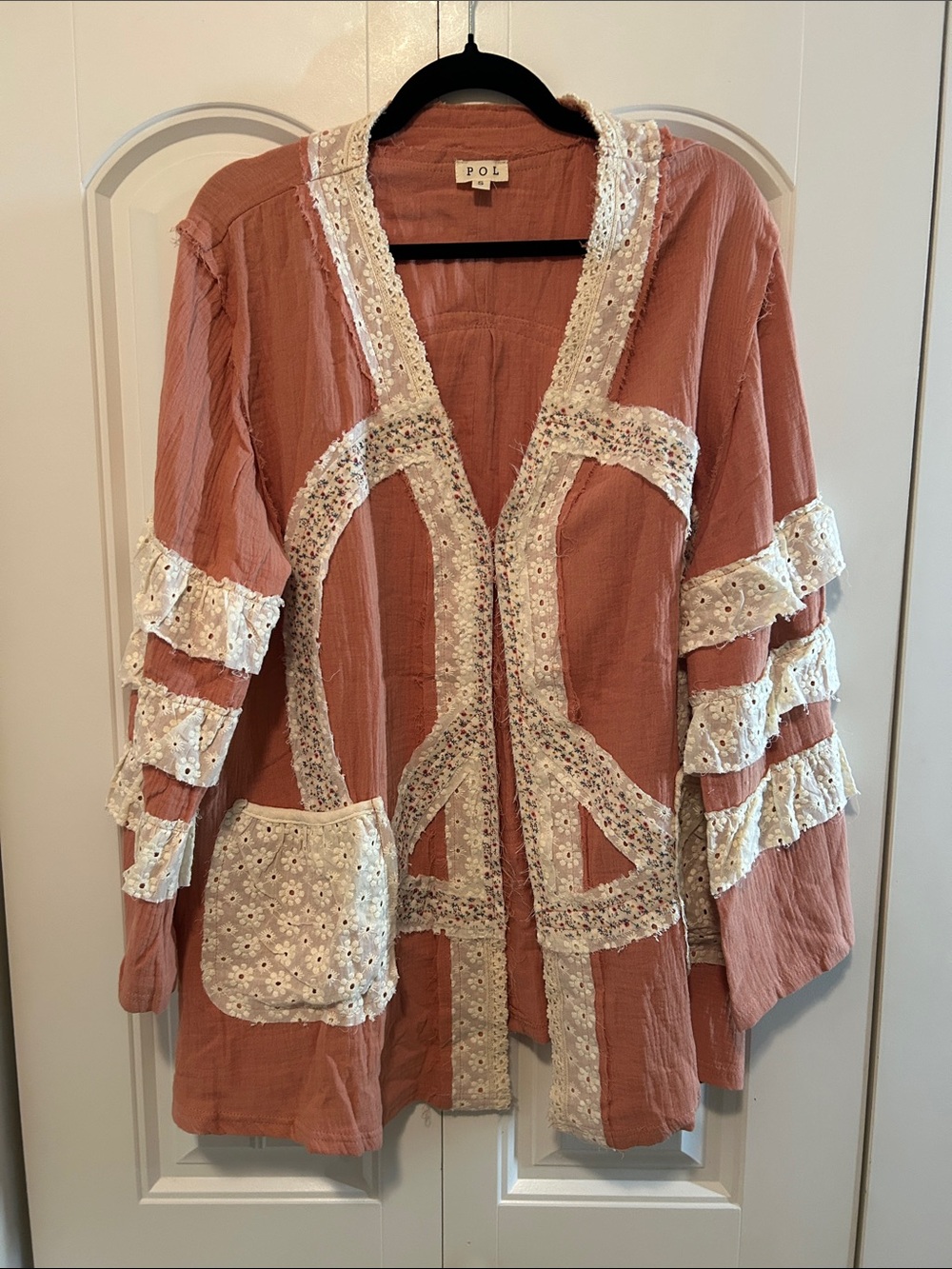 POL Rust Tunic Cardigan with White Eyelet Lace